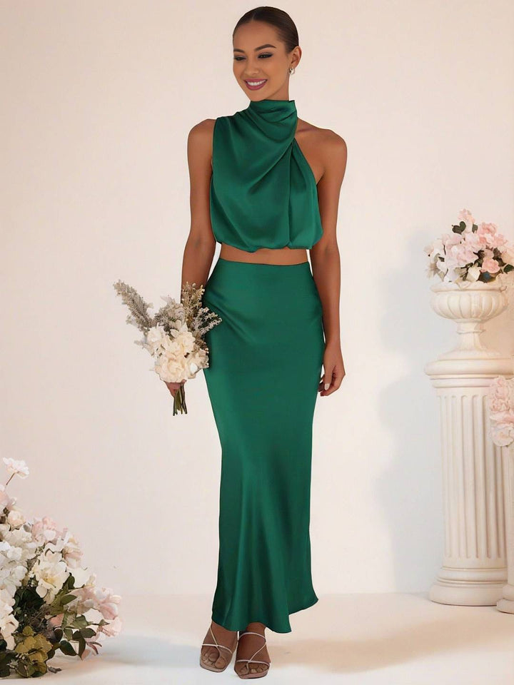 Drune | Brautjungfernkleid Satin Rollkragen Ohne Ärmel Cropped Langer Rock Damen Elegant Trauzeugin Kleid
