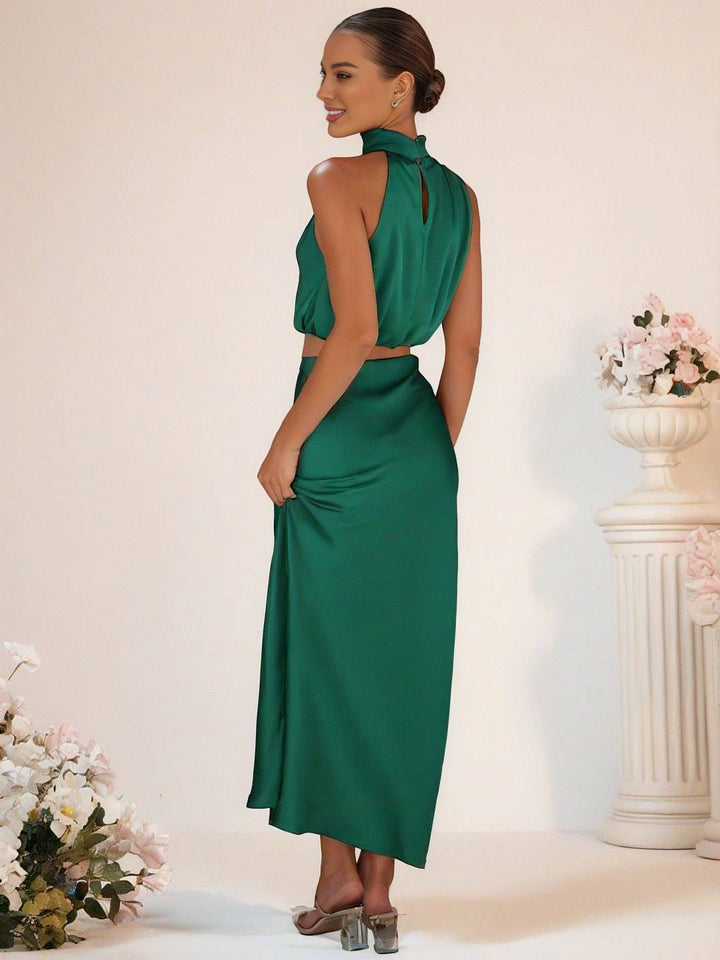 Drune | Brautjungfernkleid Satin Rollkragen Ohne Ärmel Cropped Langer Rock Damen Elegant Trauzeugin Kleid