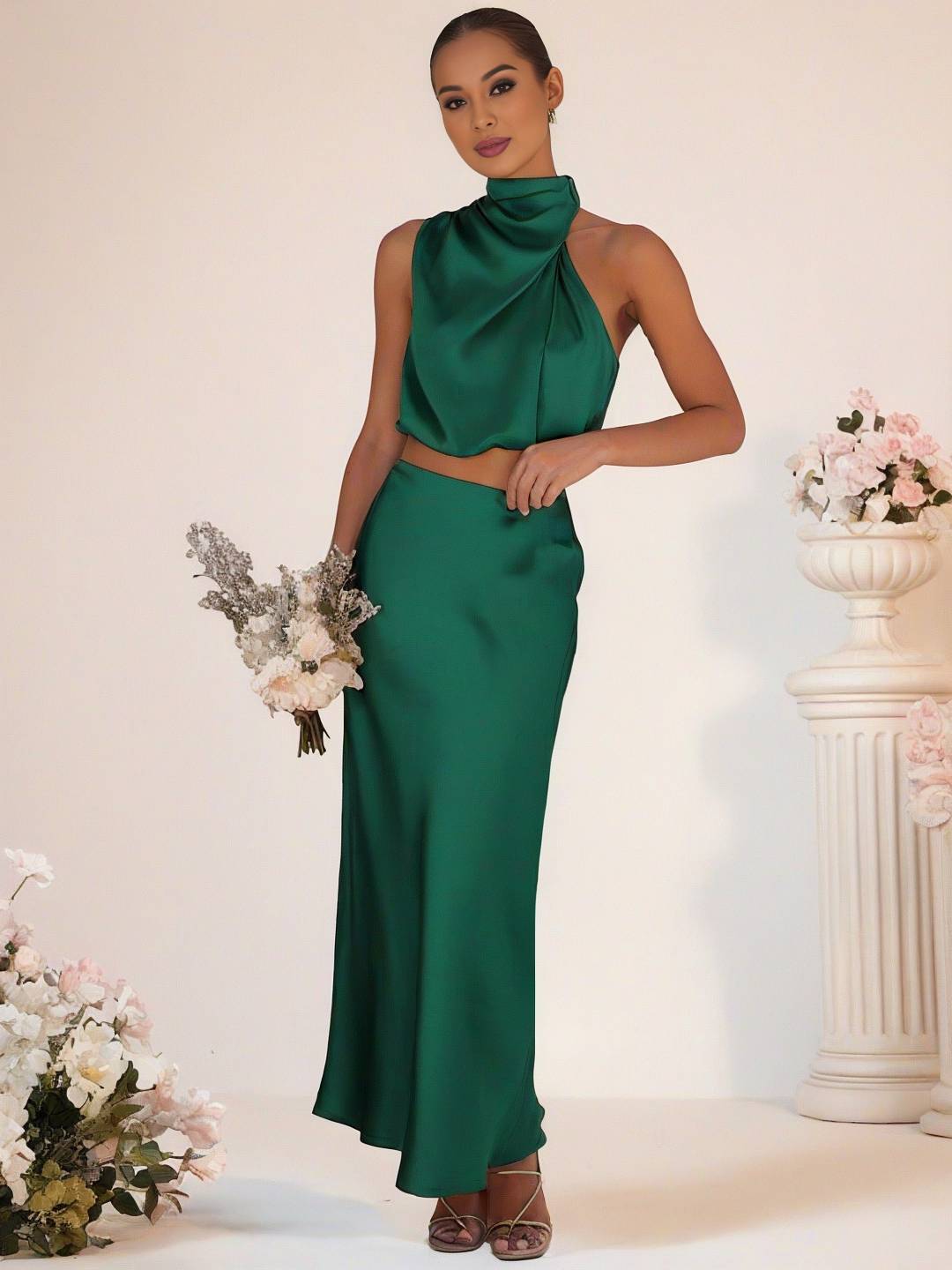 Drune | Brautjungfernkleid Satin Rollkragen Ohne Ärmel Cropped Langer Rock Damen Elegant Trauzeugin Kleid