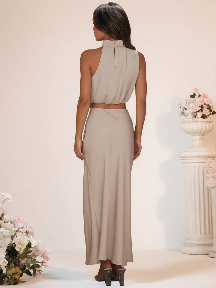 Drune | Brautjungfernkleid Satin Rollkragen Ohne Ärmel Cropped Langer Rock Damen Elegant Trauzeugin Kleid