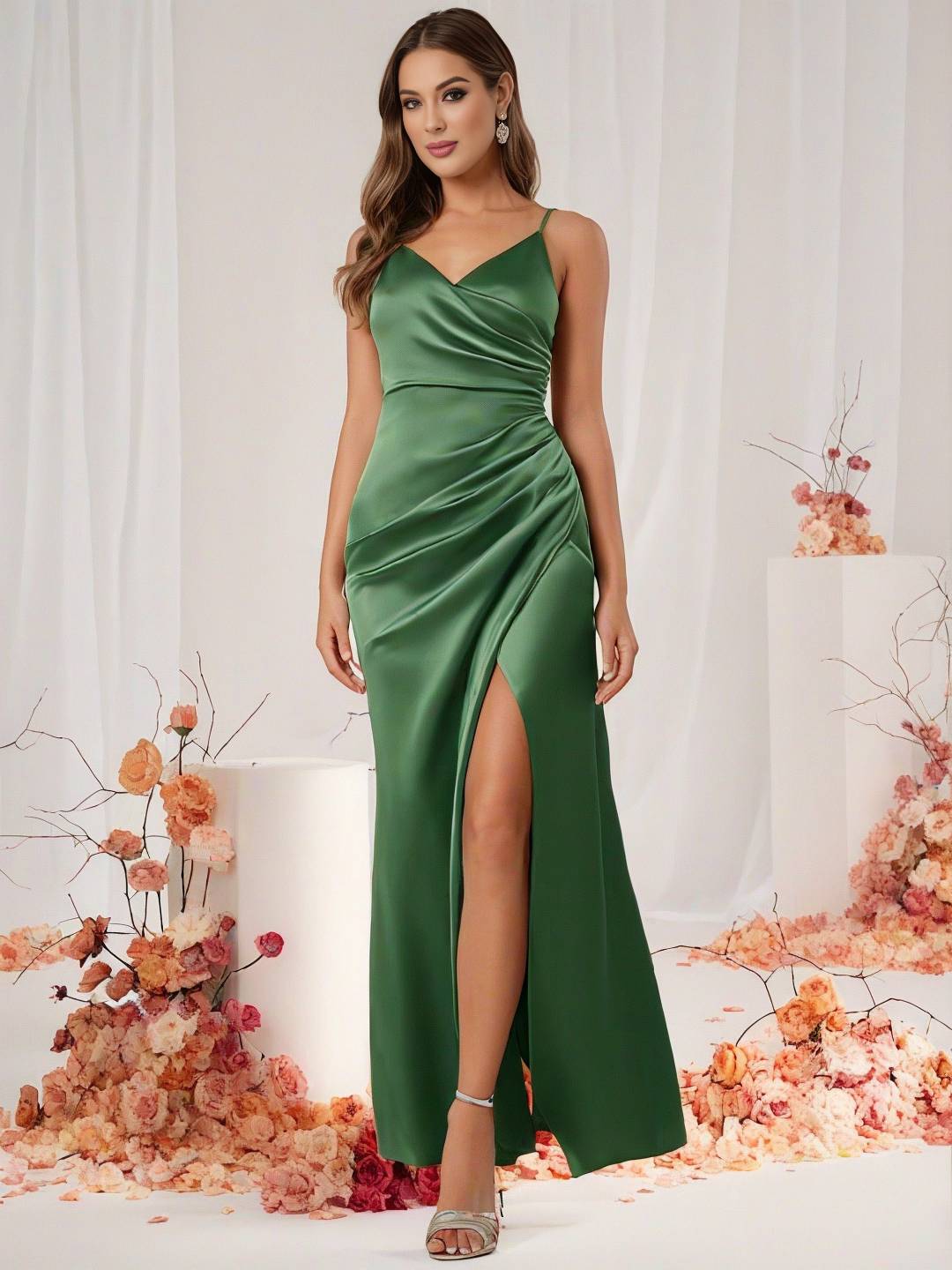 Drune | Brautjungfernkleid Satin V-Ausschnitt Geteilter Rücken Ärmelloses Abendgast Hochzeitskleid