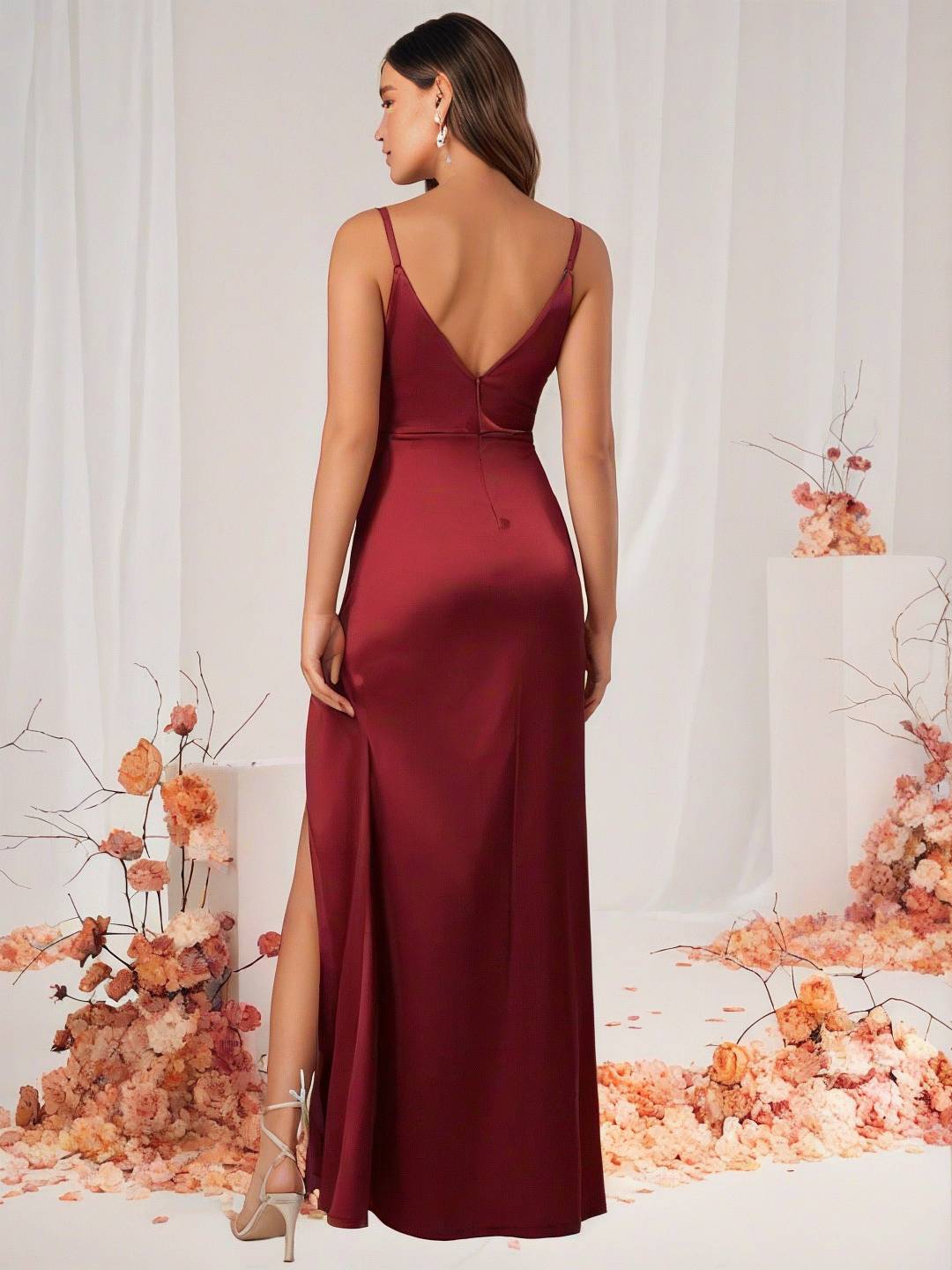Drune | Brautjungfernkleid Satin V-Ausschnitt Geteilter Rücken Ärmelloses Abendgast Hochzeitskleid