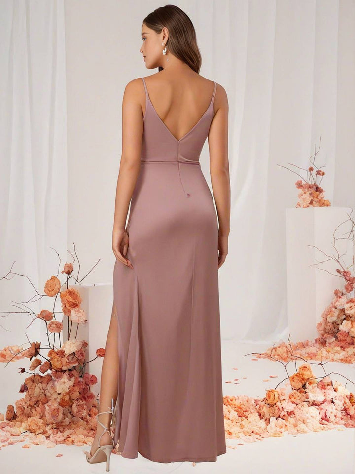 Drune | Brautjungfernkleid Satin V-Ausschnitt Geteilter Rücken Ärmelloses Abendgast Hochzeitskleid