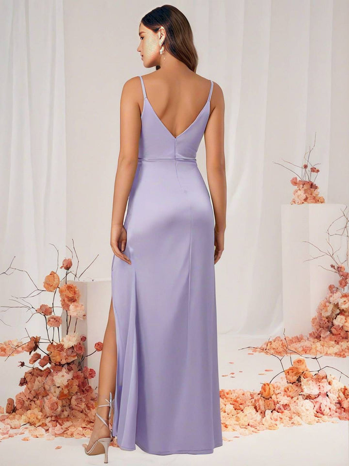 Drune | Brautjungfernkleid Satin V-Ausschnitt Geteilter Rücken Ärmelloses Abendgast Hochzeitskleid