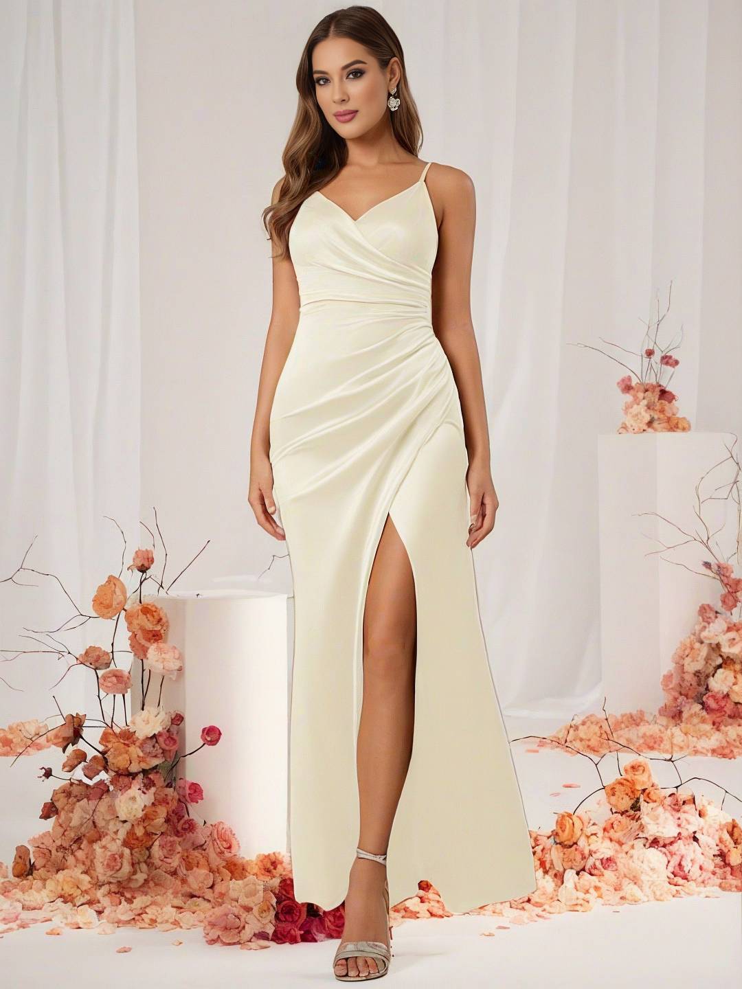 Drune | Brautjungfernkleid Satin V-Ausschnitt Geteilter Rücken Ärmelloses Abendgast Hochzeitskleid