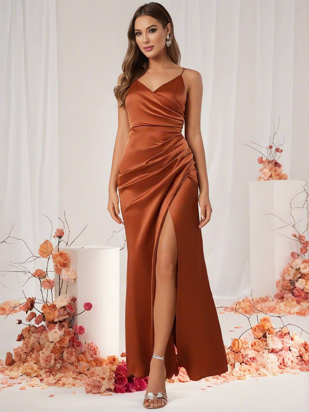 Drune | Brautjungfernkleid Satin V-Ausschnitt Geteilter Rücken Ärmelloses Abendgast Hochzeitskleid