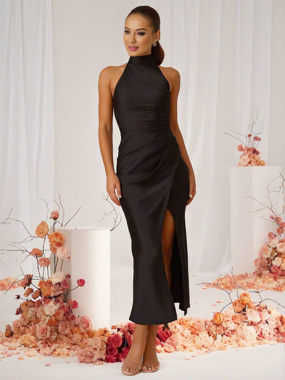 Drune | Brautjungfernkleid Satin Halter Offene Rückseite Ärmellos Elegant Hochzeit Cocktail Zeremonie Gast