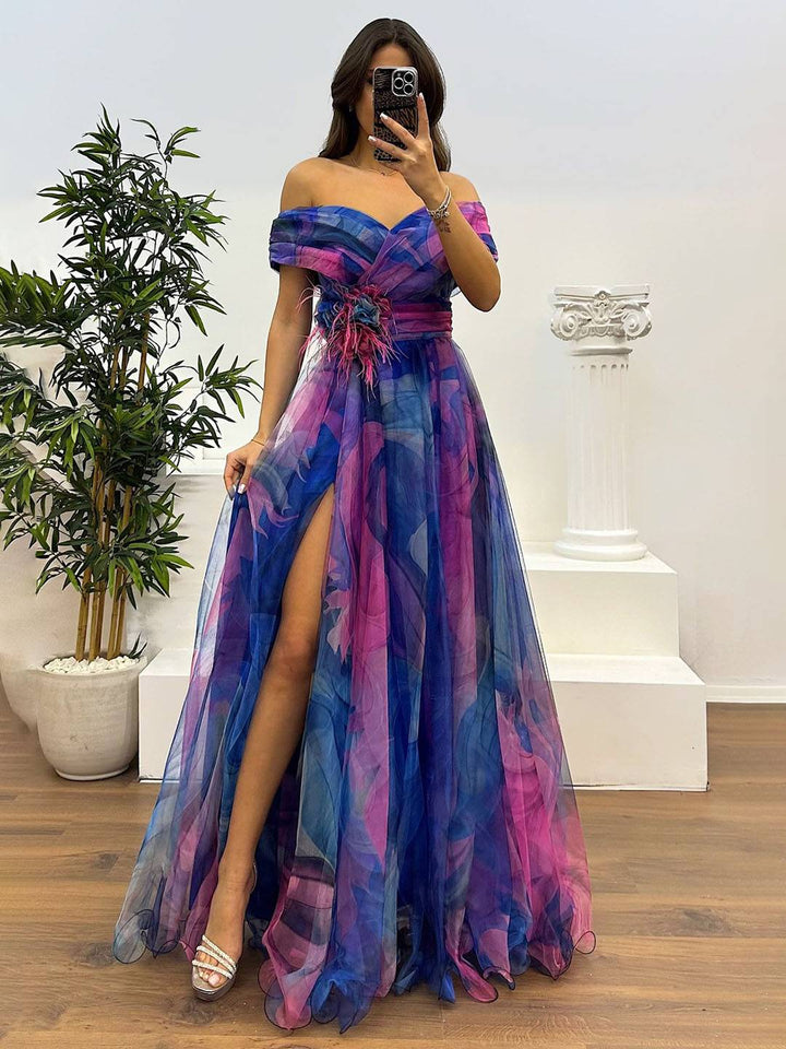 Drune | Herrliches Langes Kleid aus Bedrucktem Tüll mit Floralem Bootsausschnitt, Schlitzseite, Ärmellos, Elegant, Vintage, Abendkleid für Frauen