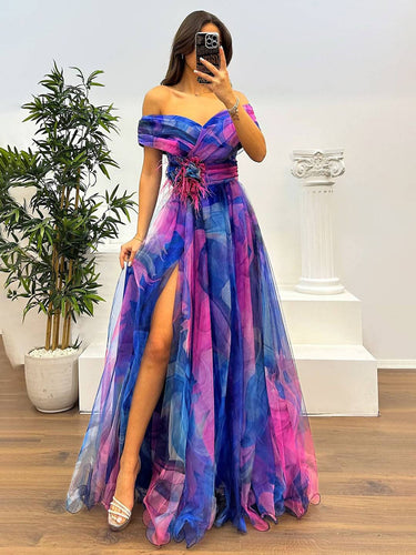 Drune | Herrliches Langes Kleid aus Bedrucktem Tüll mit Floralem Bootsausschnitt, Schlitzseite, Ärmellos, Elegant, Vintage, Abendkleid für Frauen