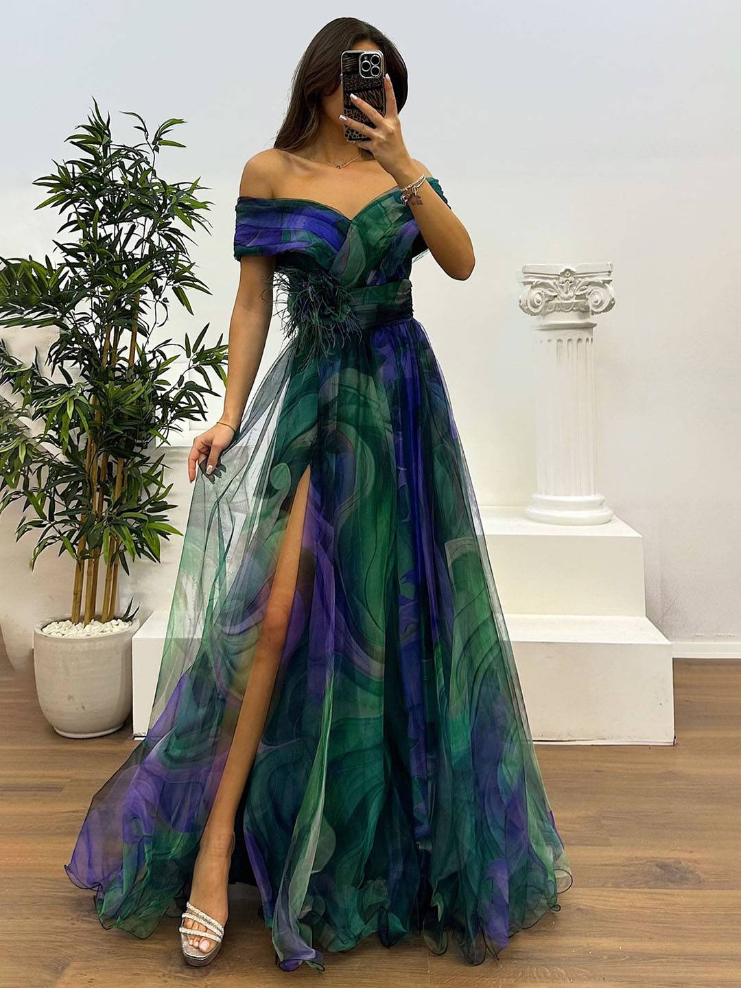 Drune | Herrliches Langes Kleid aus Bedrucktem Tüll mit Floralem Bootsausschnitt, Schlitzseite, Ärmellos, Elegant, Vintage, Abendkleid für Frauen