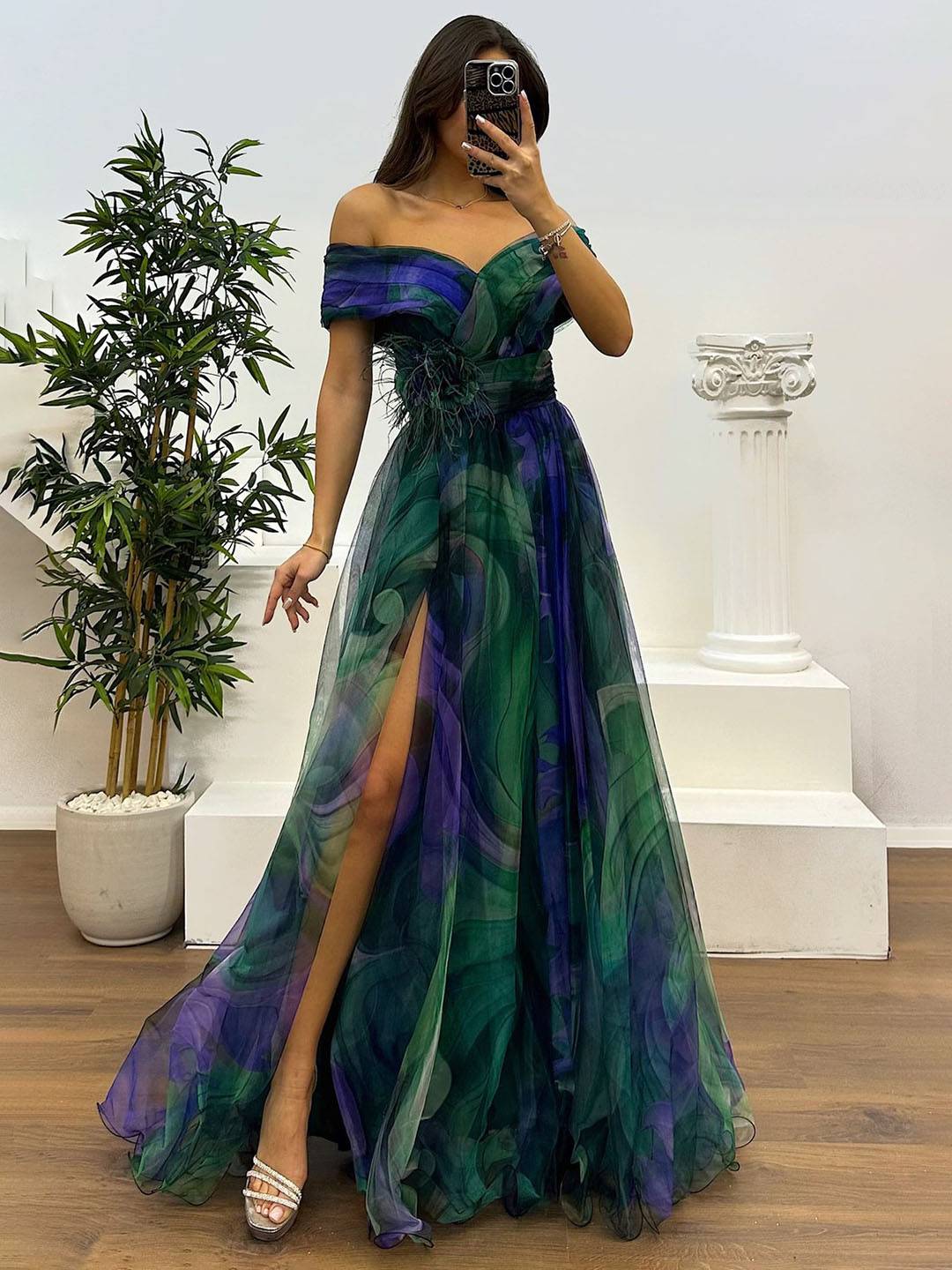 Drune | Herrliches Langes Kleid aus Bedrucktem Tüll mit Floralem Bootsausschnitt, Schlitzseite, Ärmellos, Elegant, Vintage, Abendkleid für Frauen