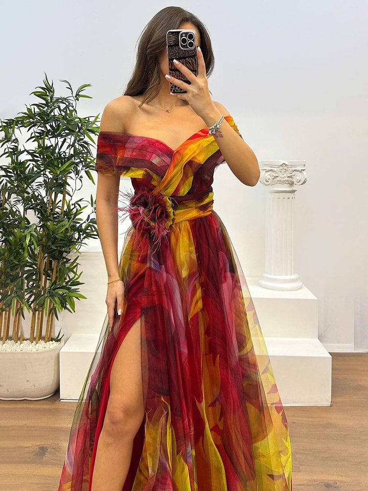 Drune | Herrliches Langes Kleid aus Bedrucktem Tüll mit Floralem Bootsausschnitt, Schlitzseite, Ärmellos, Elegant, Vintage, Abendkleid für Frauen