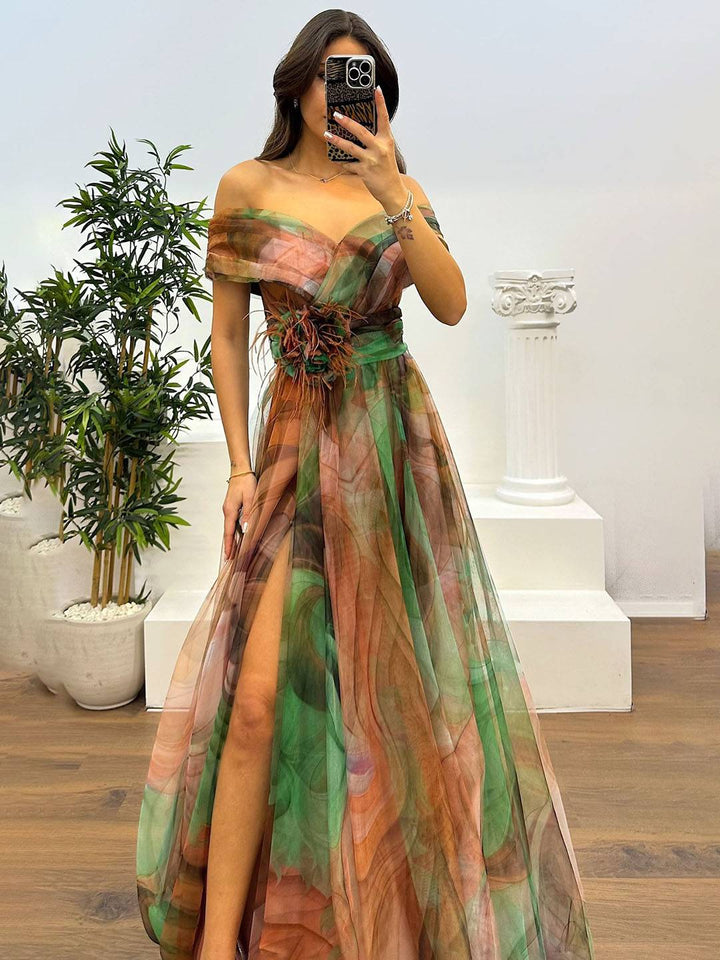 Drune | Herrliches Langes Kleid aus Bedrucktem Tüll mit Floralem Bootsausschnitt, Schlitzseite, Ärmellos, Elegant, Vintage, Abendkleid für Frauen
