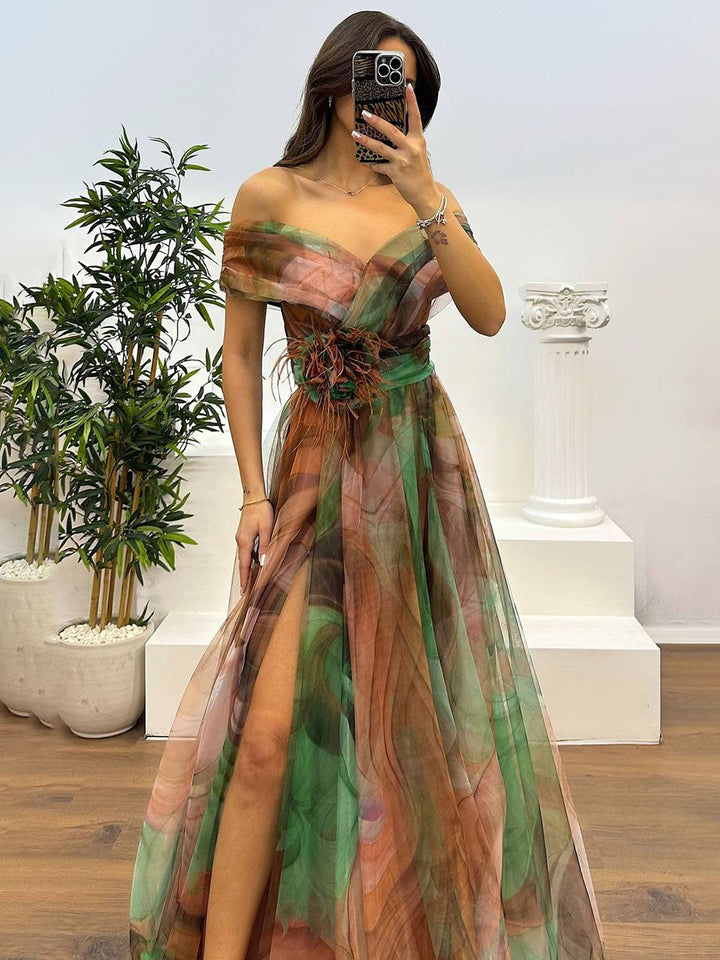Drune | Herrliches Langes Kleid aus Bedrucktem Tüll mit Floralem Bootsausschnitt, Schlitzseite, Ärmellos, Elegant, Vintage, Abendkleid für Frauen
