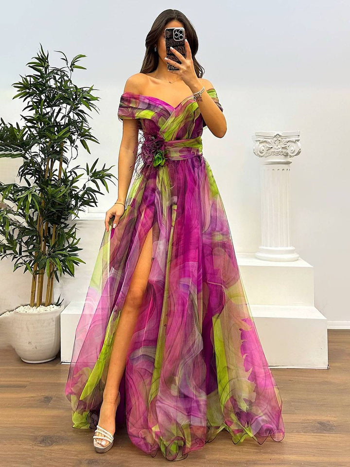 Drune | Herrliches Langes Kleid aus Bedrucktem Tüll mit Floralem Bootsausschnitt, Schlitzseite, Ärmellos, Elegant, Vintage, Abendkleid für Frauen