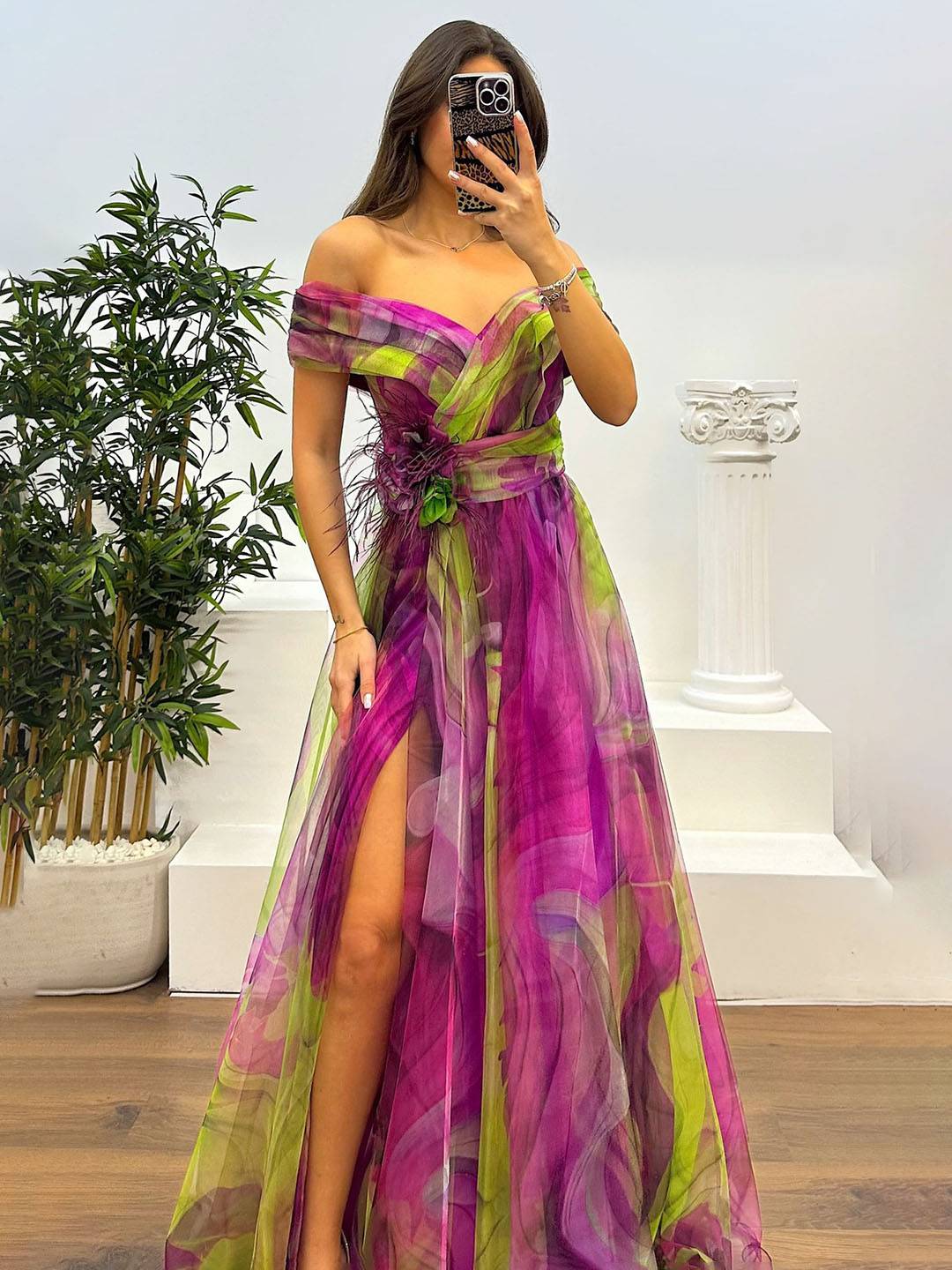 Drune | Herrliches Langes Kleid aus Bedrucktem Tüll mit Floralem Bootsausschnitt, Schlitzseite, Ärmellos, Elegant, Vintage, Abendkleid für Frauen