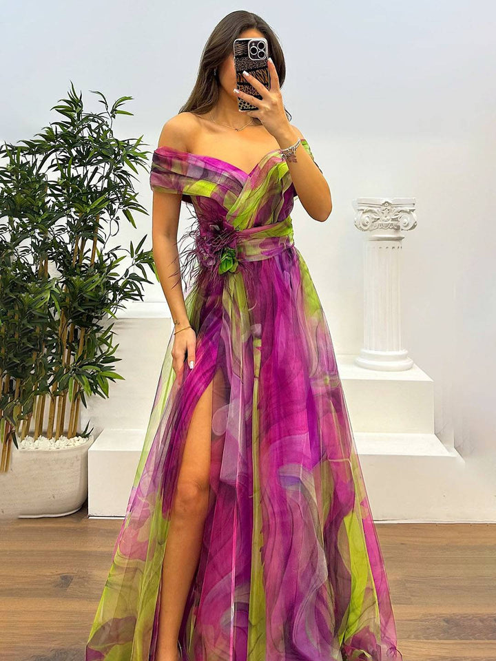 Drune | Herrliches Langes Kleid aus Bedrucktem Tüll mit Floralem Bootsausschnitt, Schlitzseite, Ärmellos, Elegant, Vintage, Abendkleid für Frauen