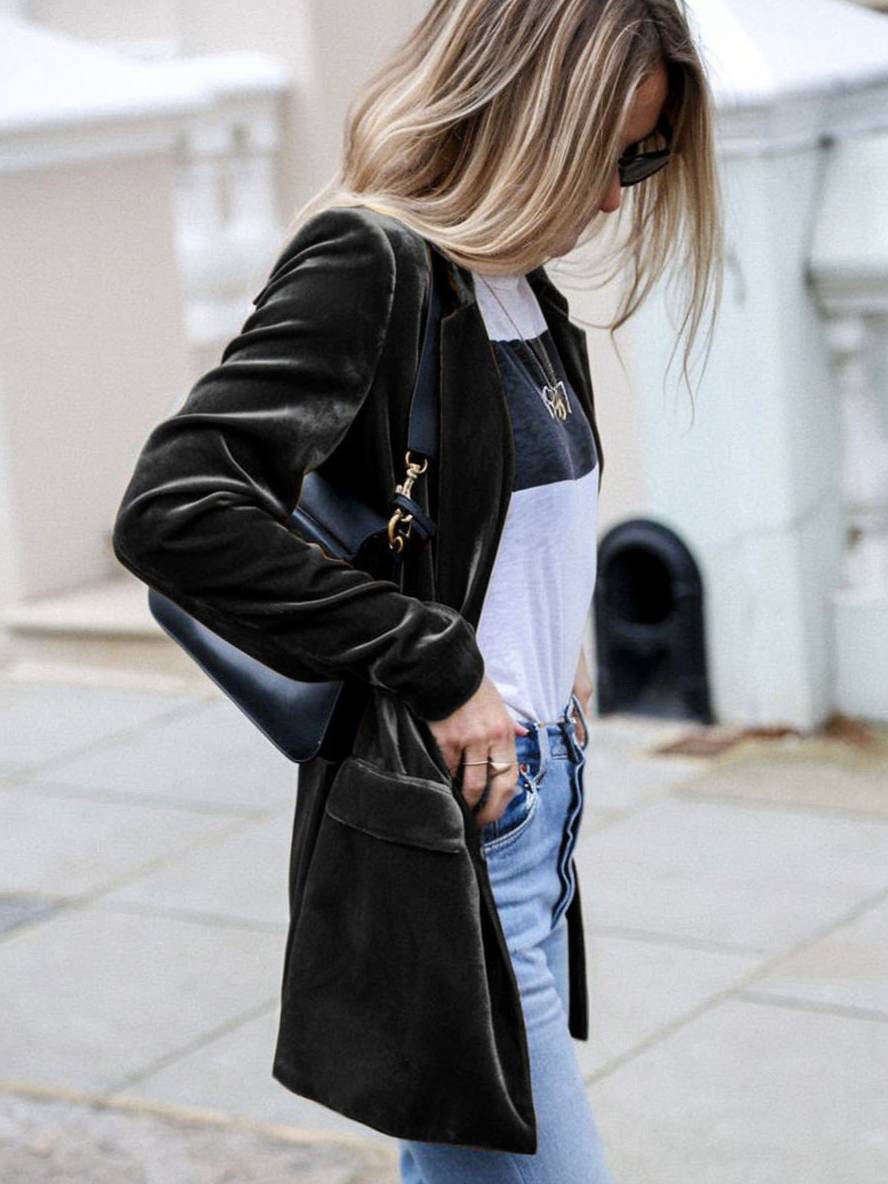 Drune | Mittel-Lang Samt Blazer Knöpfe Taschen Lange Ärmel Damen Elegante Mode Jacke