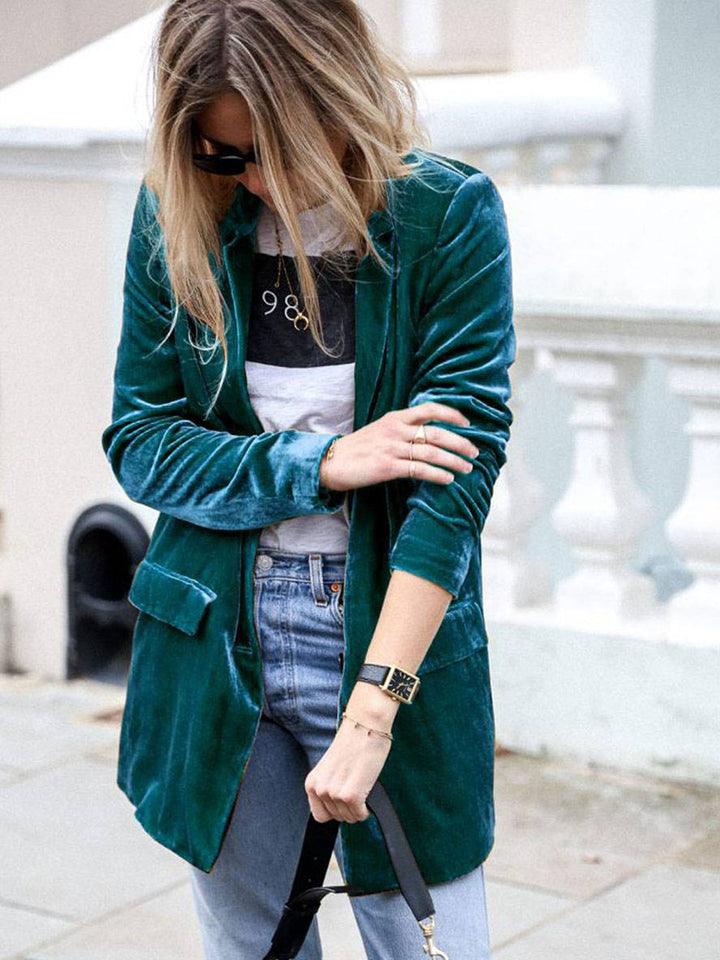 Drune | Mittel-Lang Samt Blazer Knöpfe Taschen Lange Ärmel Damen Elegante Mode Jacke