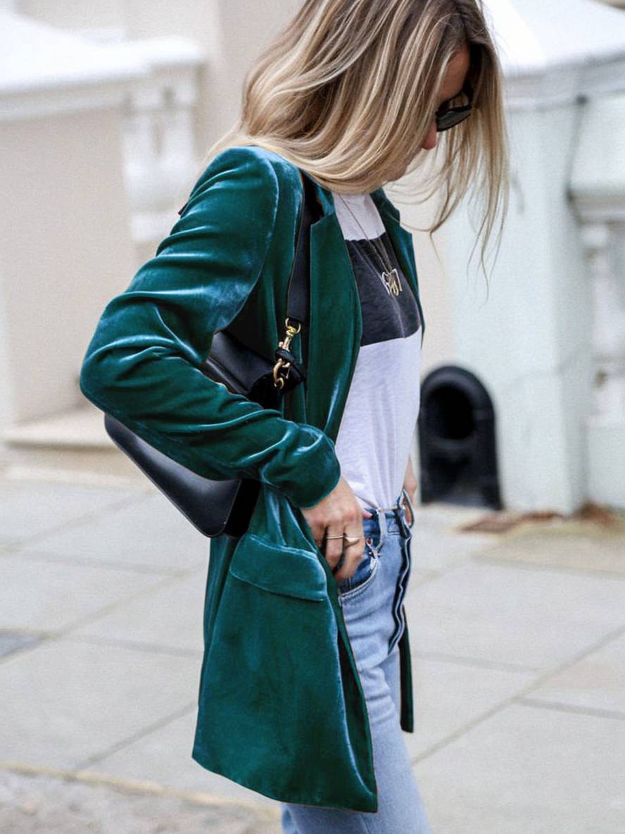 Drune | Mittel-Lang Samt Blazer Knöpfe Taschen Lange Ärmel Damen Elegante Mode Jacke