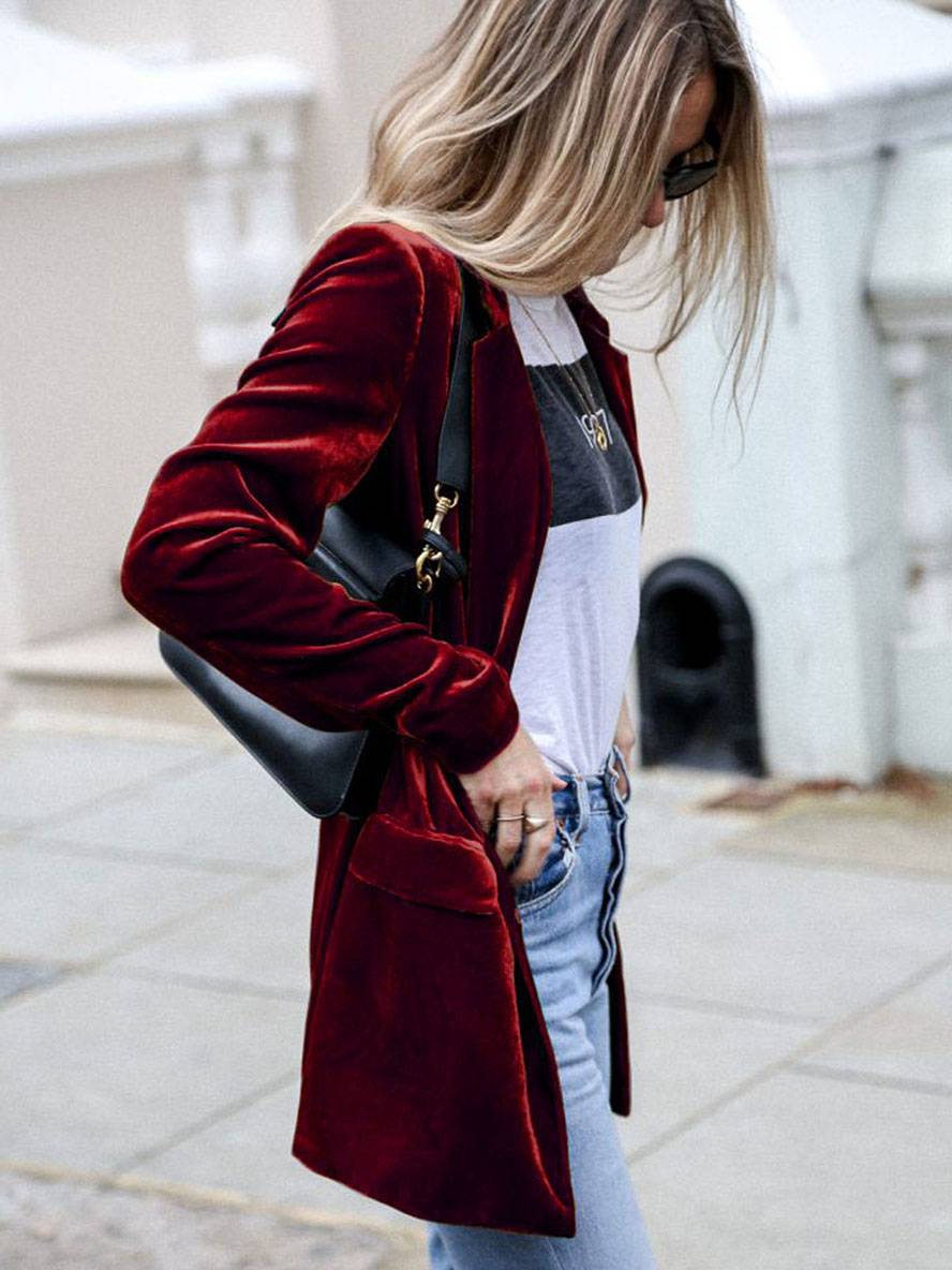Drune | Mittel-Lang Samt Blazer Knöpfe Taschen Lange Ärmel Damen Elegante Mode Jacke