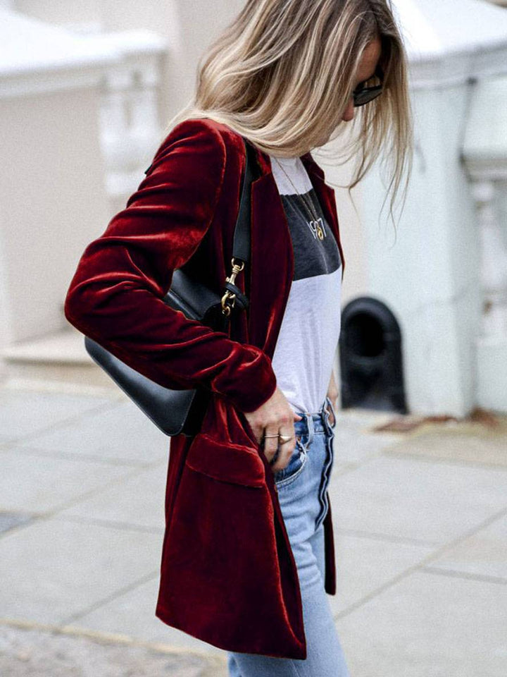 Drune | Mittel-Lang Samt Blazer Knöpfe Taschen Lange Ärmel Damen Elegante Mode Jacke