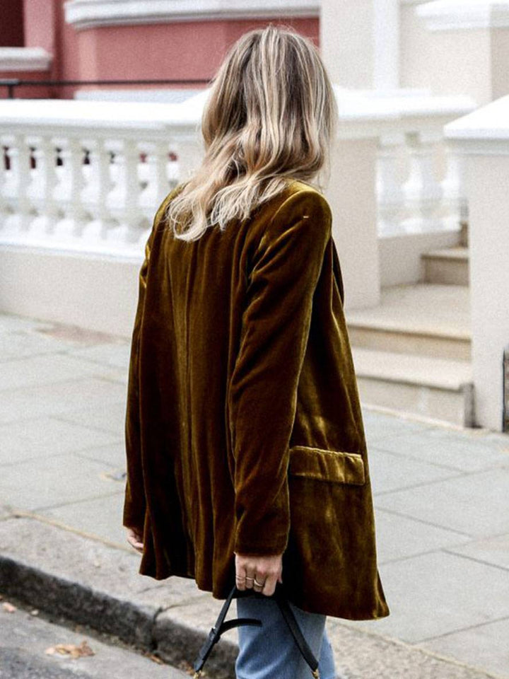 Drune | Mittel-Lang Samt Blazer Knöpfe Taschen Lange Ärmel Damen Elegante Mode Jacke