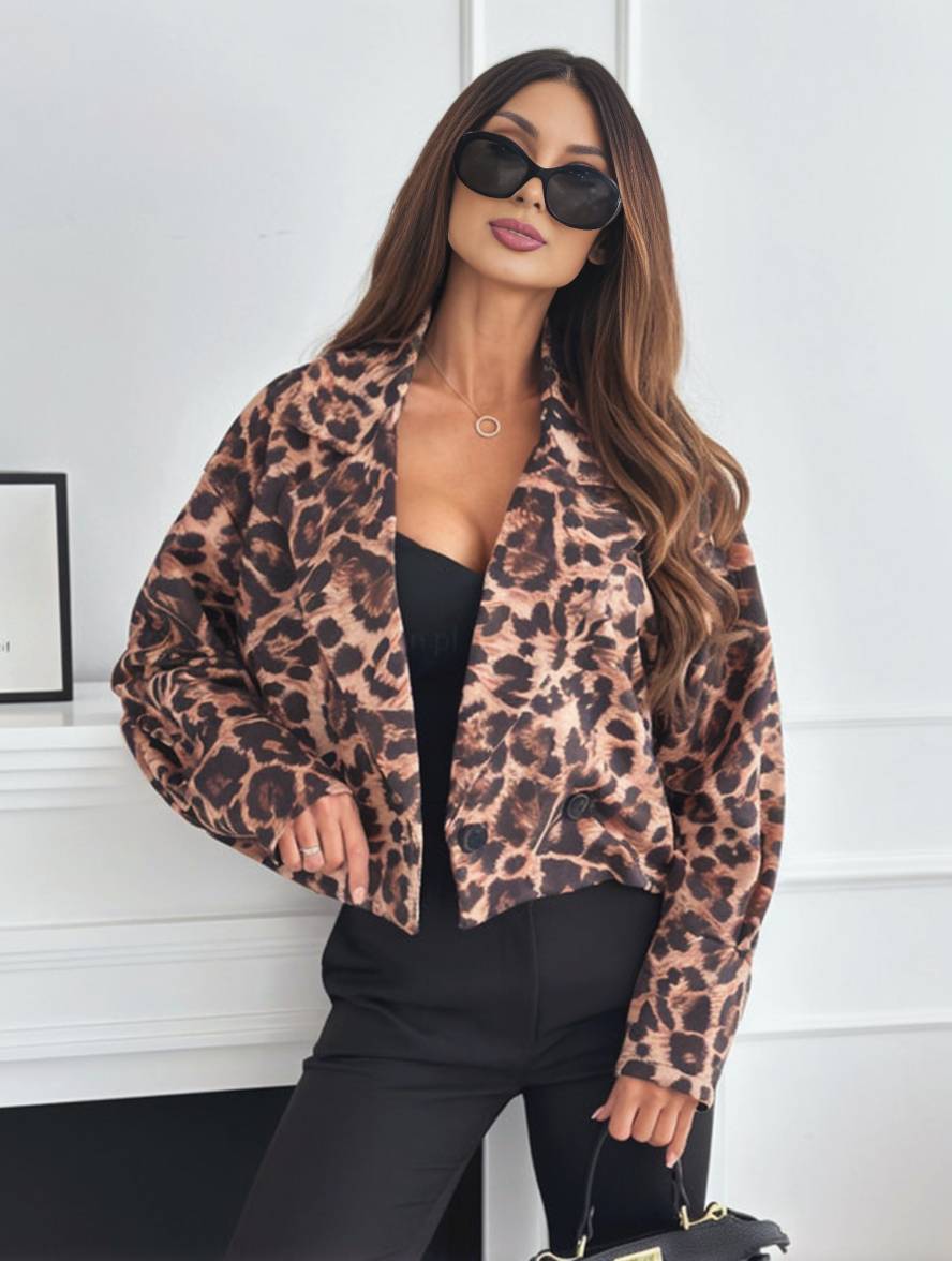 Drune | Kurz Leoparden-Motorradjacke mit Knöpfen, Langarm, Damen, Elegant, Lässig, Mode Perfecto