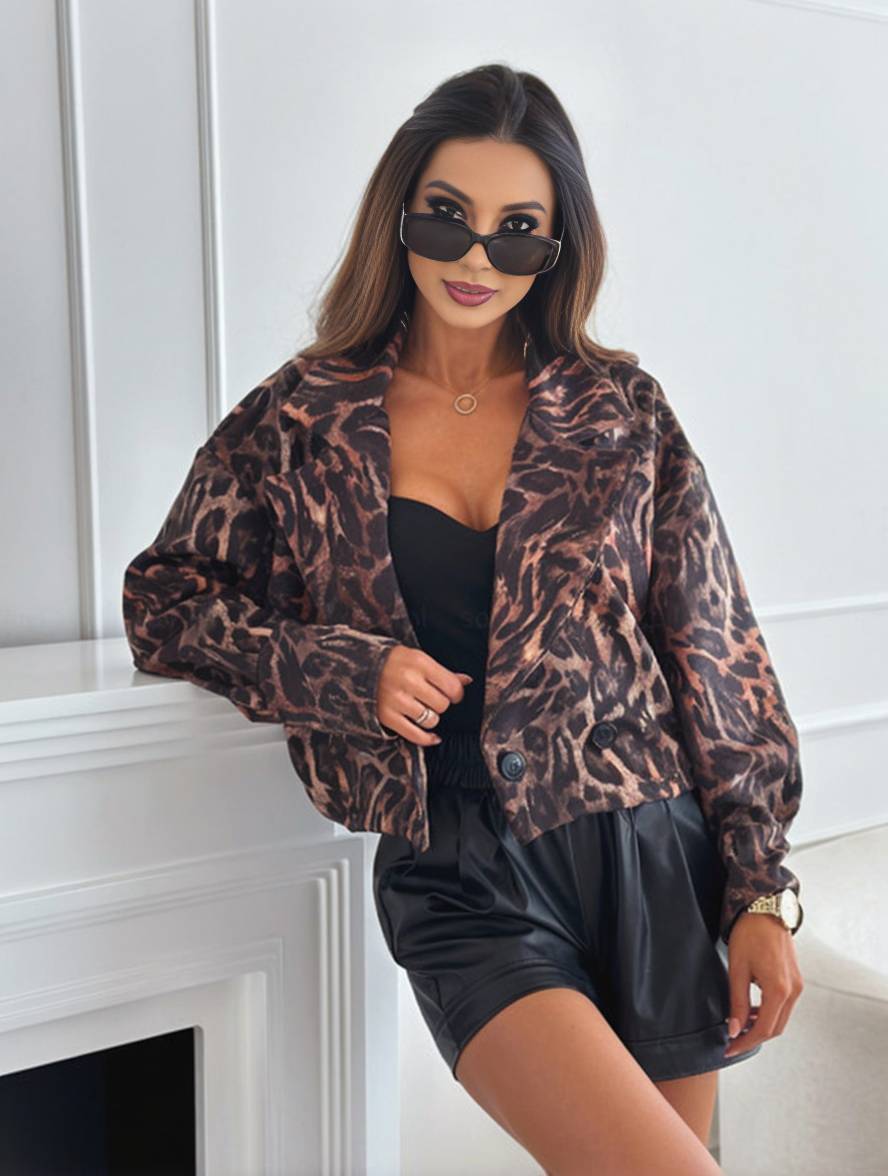 Drune | Kurz Leoparden-Motorradjacke mit Knöpfen, Langarm, Damen, Elegant, Lässig, Mode Perfecto