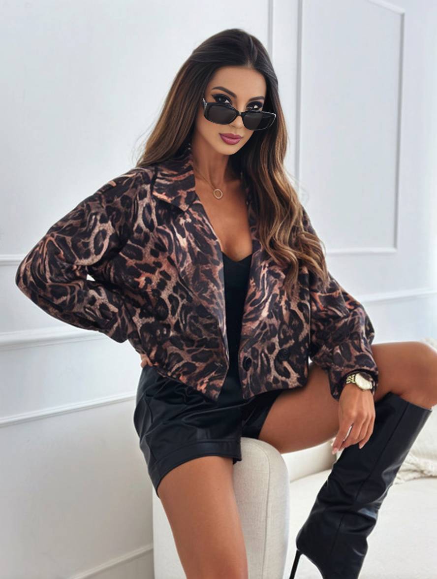 Drune | Kurz Leoparden-Motorradjacke mit Knöpfen, Langarm, Damen, Elegant, Lässig, Mode Perfecto