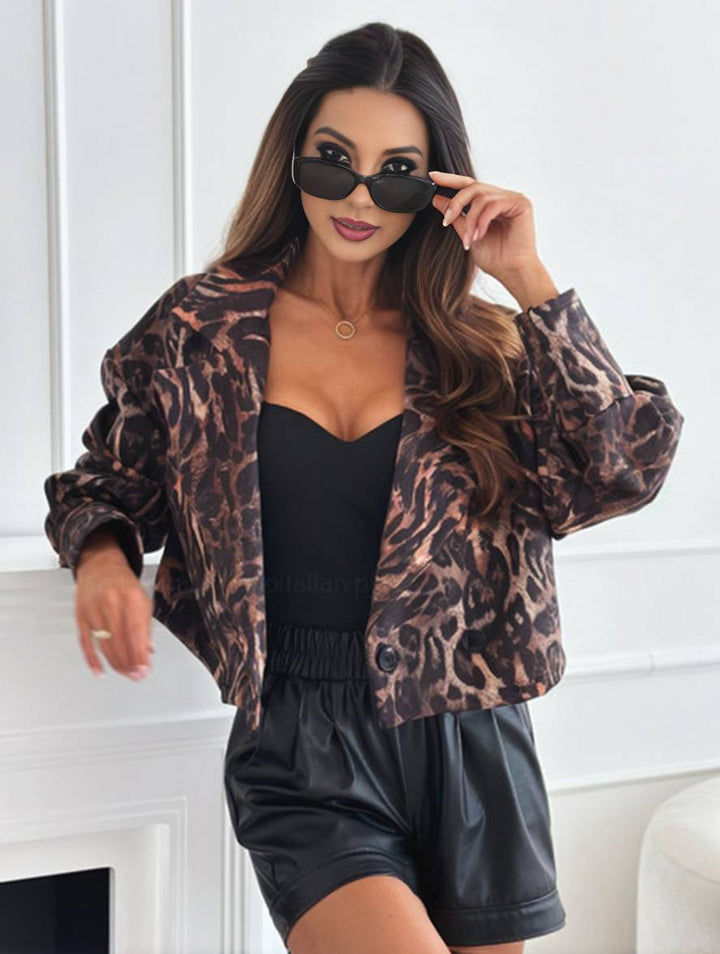 Drune | Kurz Leoparden-Motorradjacke mit Knöpfen, Langarm, Damen, Elegant, Lässig, Mode Perfecto