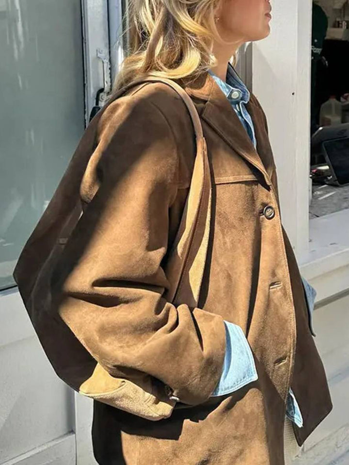 Drune | Blazer Knopf Taschen Lange Ärmel Damen Elegant Vintage Lässig Wildlederjacke