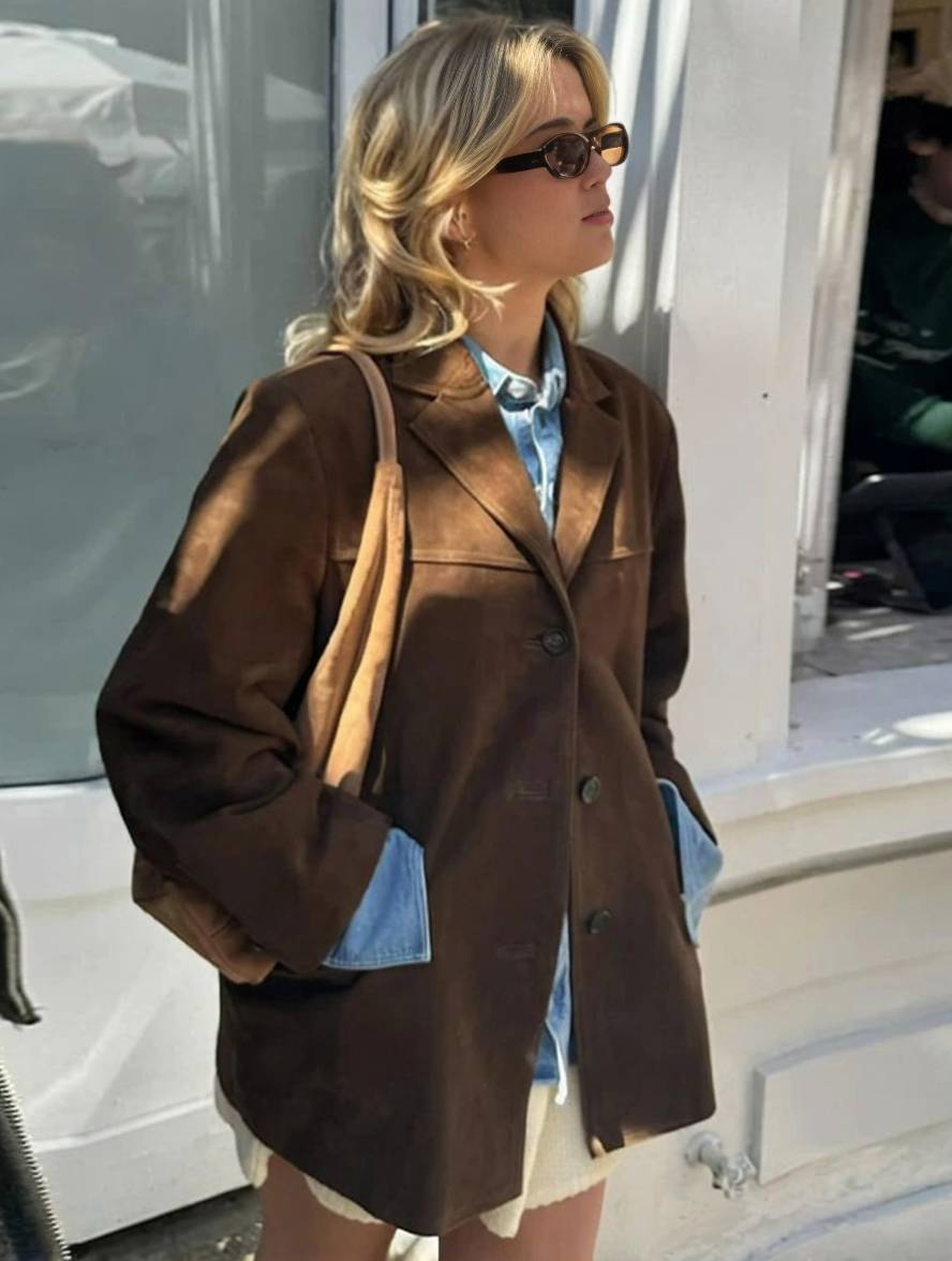 Drune | Blazer Knopf Taschen Lange Ärmel Damen Elegant Vintage Lässig Wildlederjacke