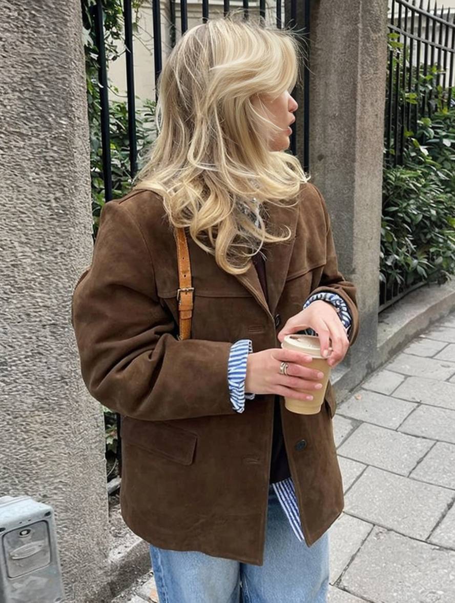 Drune | Blazer Knopf Taschen Lange Ärmel Damen Elegant Vintage Lässig Wildlederjacke