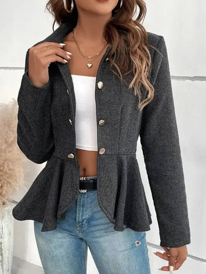 Drune | Kurzer Blazer Chevron Peplum Doppelter Knopf Verschluss Reverskragen Lange Ärmel Damen Elegant Lässig Jacke