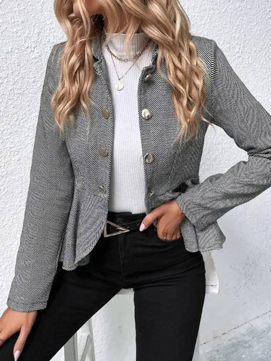 Drune | Kurzer Blazer Chevron Peplum Doppelter Knopf Verschluss Reverskragen Lange Ärmel Damen Elegant Lässig Jacke