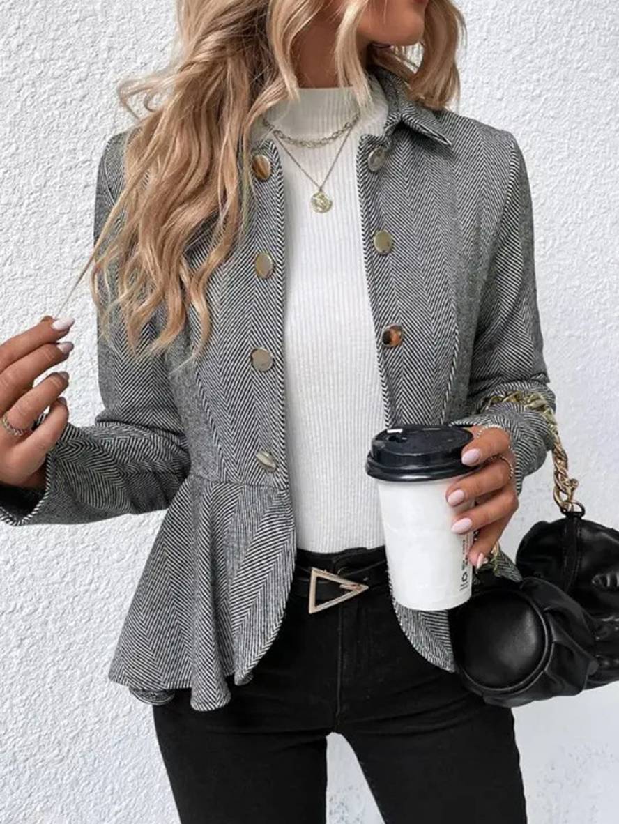 Drune | Kurzer Blazer Chevron Peplum Doppelter Knopf Verschluss Reverskragen Lange Ärmel Damen Elegant Lässig Jacke