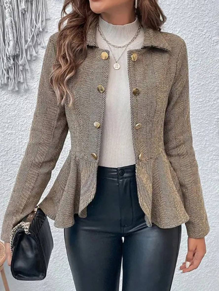 Drune | Kurzer Blazer Chevron Peplum Doppelter Knopf Verschluss Reverskragen Lange Ärmel Damen Elegant Lässig Jacke