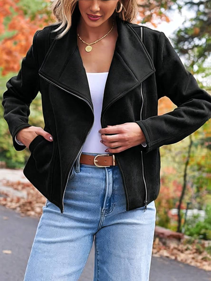 Drune | Perfekte Wildlederjacke aus Suedine mit Reißverschlusstaschen Reverskragen Lange Ärmel Damen Lässige Mode
