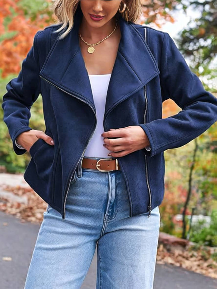 Drune | Perfekte Wildlederjacke aus Suedine mit Reißverschlusstaschen Reverskragen Lange Ärmel Damen Lässige Mode