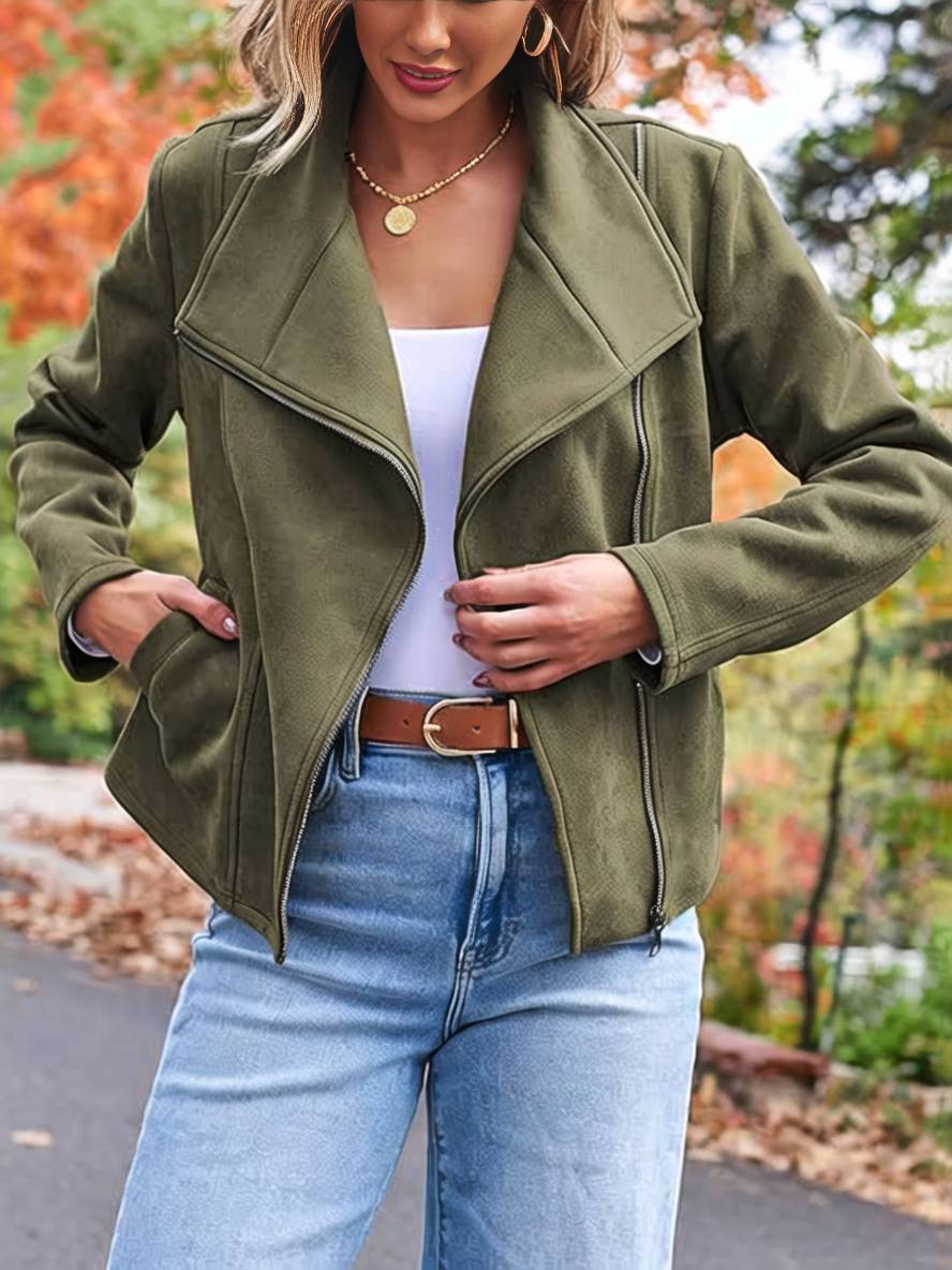 Drune | Perfekte Wildlederjacke aus Suedine mit Reißverschlusstaschen Reverskragen Lange Ärmel Damen Lässige Mode