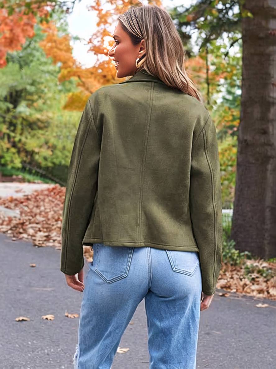 Drune | Perfekte Wildlederjacke aus Suedine mit Reißverschlusstaschen Reverskragen Lange Ärmel Damen Lässige Mode
