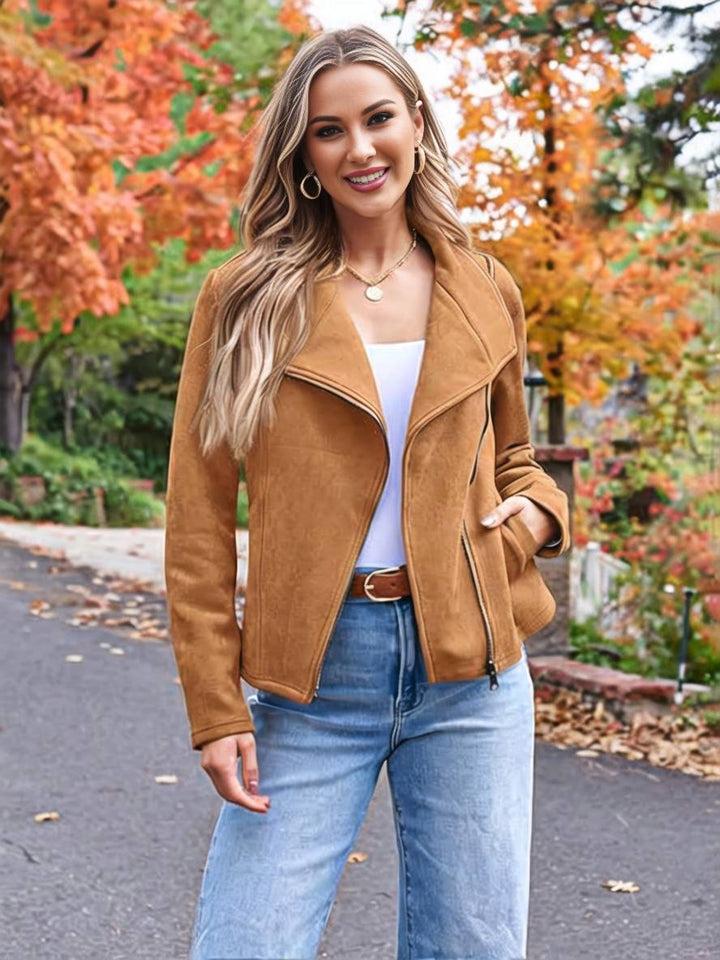 Drune | Perfekte Wildlederjacke aus Suedine mit Reißverschlusstaschen Reverskragen Lange Ärmel Damen Lässige Mode