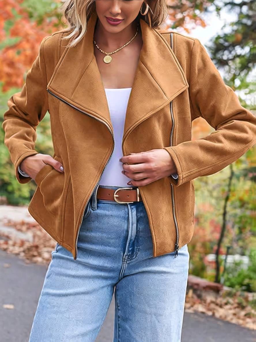 Drune | Perfekte Wildlederjacke aus Suedine mit Reißverschlusstaschen Reverskragen Lange Ärmel Damen Lässige Mode