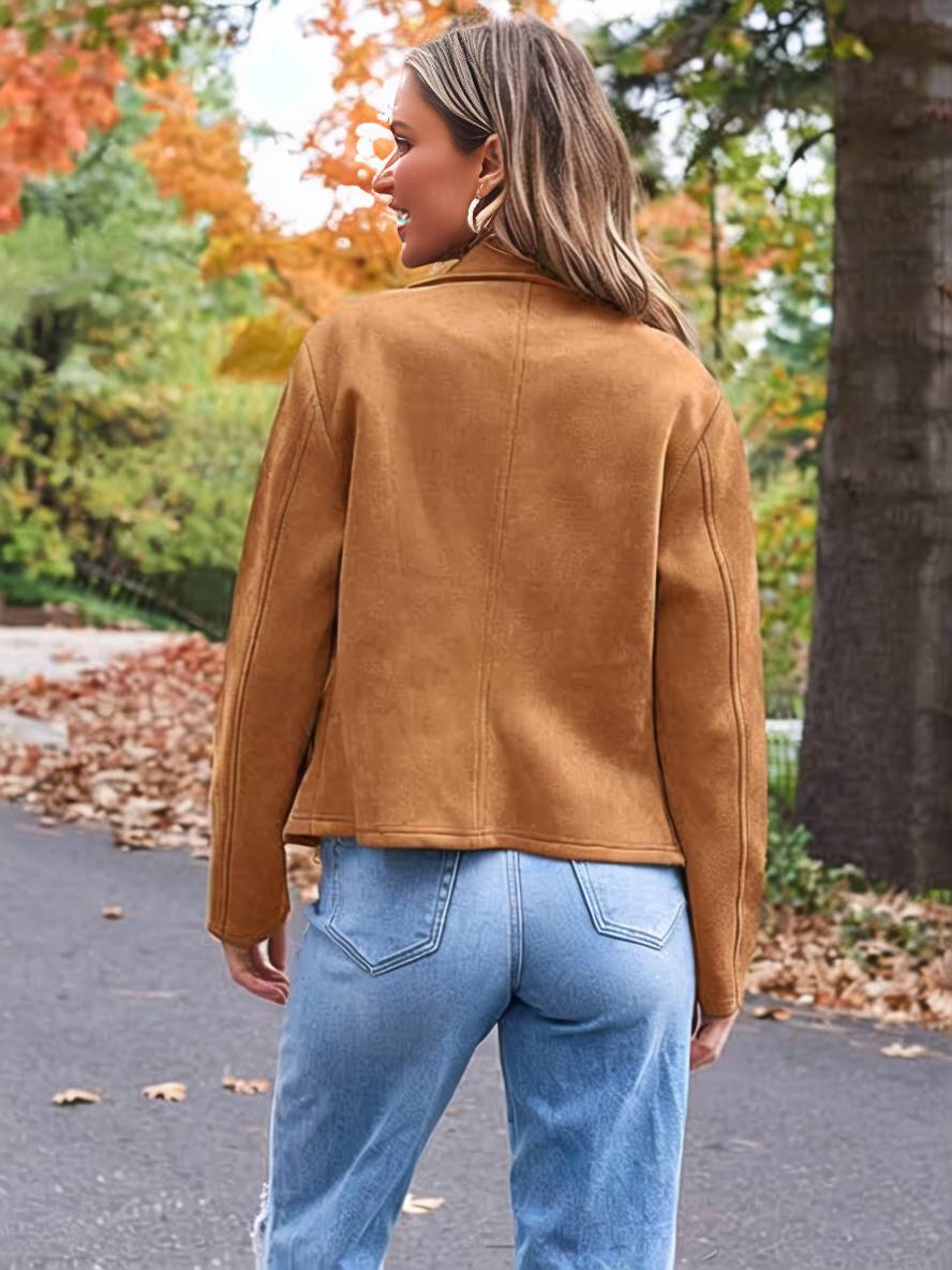 Drune | Perfekte Wildlederjacke aus Suedine mit Reißverschlusstaschen Reverskragen Lange Ärmel Damen Lässige Mode