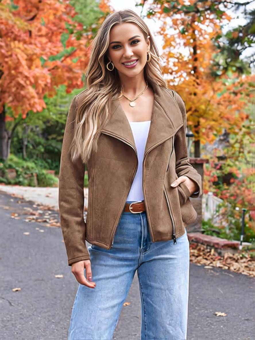 Drune | Perfekte Wildlederjacke aus Suedine mit Reißverschlusstaschen Reverskragen Lange Ärmel Damen Lässige Mode