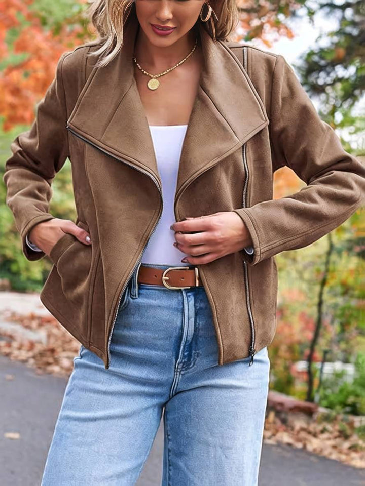 Drune | Perfekte Wildlederjacke aus Suedine mit Reißverschlusstaschen Reverskragen Lange Ärmel Damen Lässige Mode