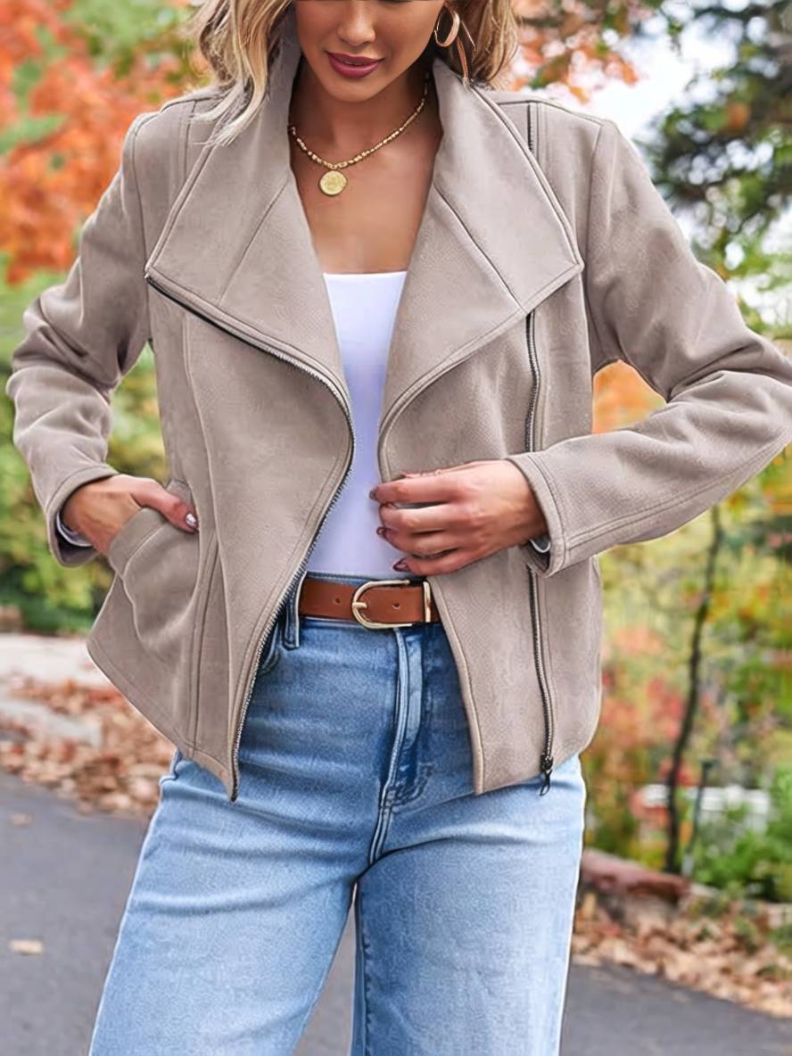 Drune | Perfekte Wildlederjacke aus Suedine mit Reißverschlusstaschen Reverskragen Lange Ärmel Damen Lässige Mode