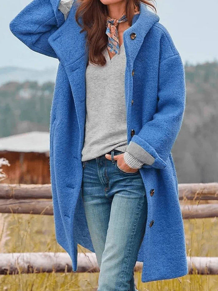 Drune | Mid-Length Wollmantel mit Kapuze Knopfverschluss Taschen Lange Ärmel Damen Oversized Lässig Fett