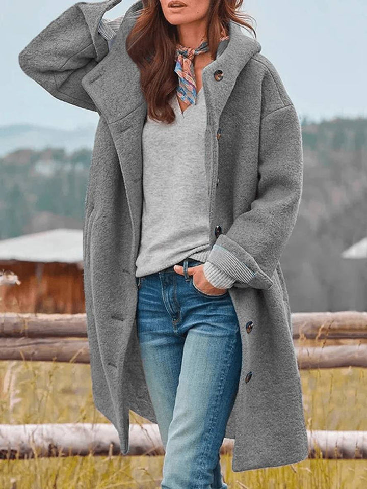 Drune | Mid-Length Wollmantel mit Kapuze Knopfverschluss Taschen Lange Ärmel Damen Oversized Lässig Fett